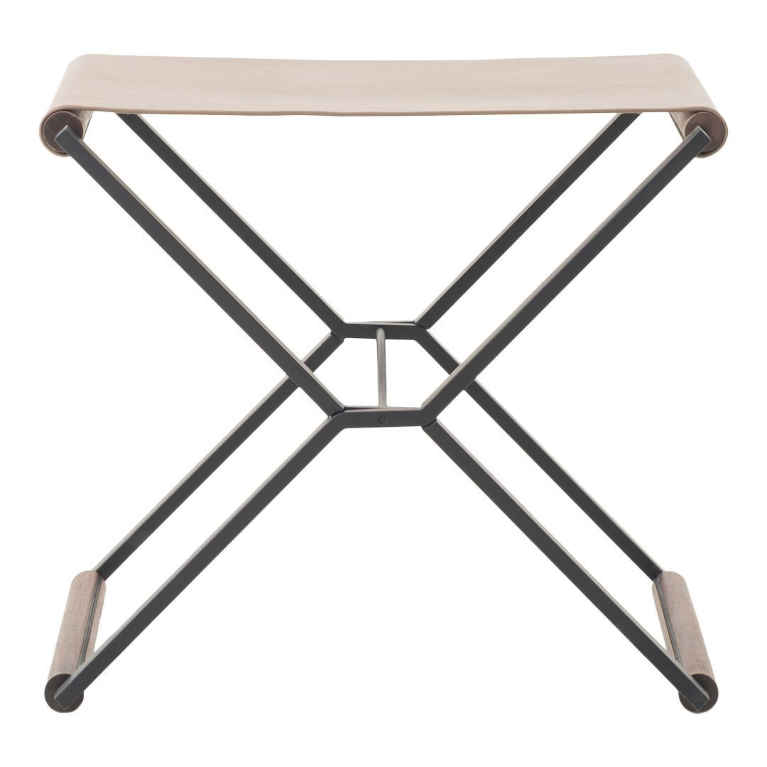 "Stylish beige fabric seat with a sleek black metal frame, featuring a minimalistic X-pattern design."