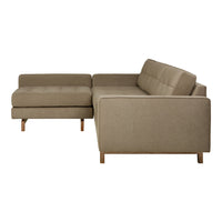 Beige sectional sofa with a clean-lined design and subtle tufted upholstery, complemented by natural wood legs.