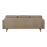 Beige sofa with a smooth fabric texture and simple, minimalist design, featuring wooden legs for a natural touch.