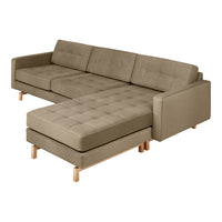 Beige tufted sectional sofa with light wooden legs, perfect for modern living spaces.