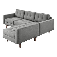 Gray tufted upholstery sectional sofa with a clean modern design and wooden legs. Ideal for any contemporary living space.
