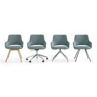 Set of four modern chairs in muted teal, with diverse patterns and textures, featuring wood and metal legs.