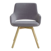 Gray fabric chair with smooth, minimalist design and light wood legs. Perfect for modern home decor.