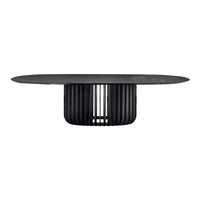 Sleek black oval table with ribbed base, offering a modern and minimalist design for contemporary decor.