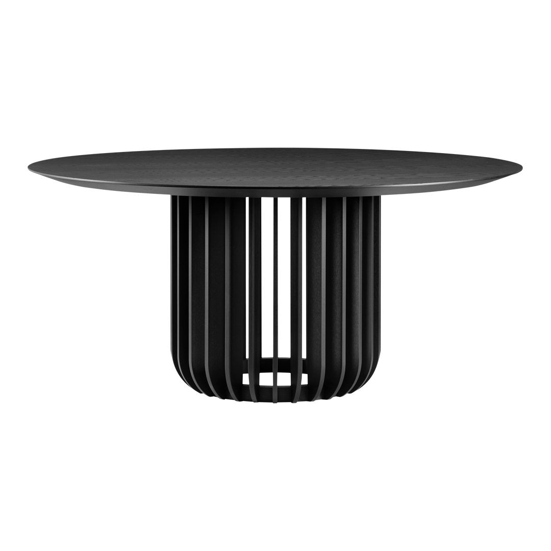 Black round table with a sleek cylindrical base featuring vertical slats, perfect for modern decor.