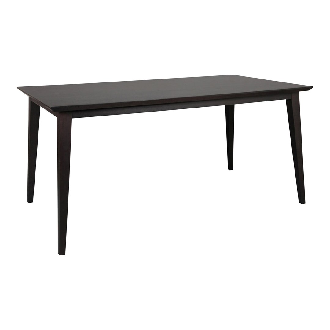 Sleek rectangular table in dark brown wood finish with smooth, minimalist design and tapered legs. Perfect for modern spaces.
