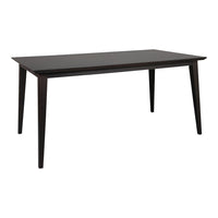Sleek rectangular table in dark brown wood finish with smooth, minimalist design and tapered legs. Perfect for modern spaces.