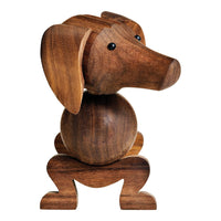 Wooden dog figurine in rich brown tones with smooth, polished surfaces and rounded design. Perfect for decor.