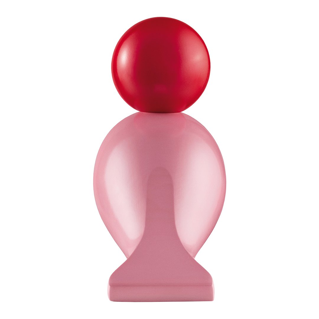 Pink bottle with a glossy red ball on top, featuring smooth, rounded shapes and a modern, playful design.