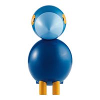 Blue and yellow whimsical bird figurine with round shapes and smooth surfaces, perfect for home decor.