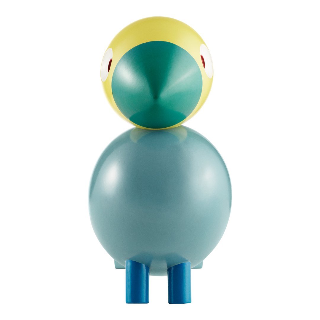 Colorful round bird figurine in yellow, teal, and blue with smooth surfaces and minimalistic design. Perfect for decor.