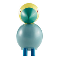 Colorful round bird figurine in yellow, teal, and blue with smooth surfaces and minimalistic design. Perfect for decor.