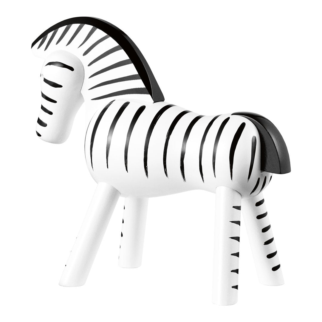 Black and white striped zebra figurine with sleek design and playful patterns. Perfect for decorative accents.
