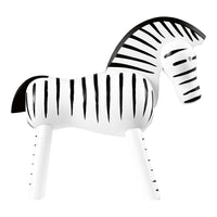 Black and white striped zebra figurine, featuring bold patterns and smooth curves for a modern decorative touch.