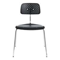 Black perforated chair with a sleek, modern design and chrome legs, showcasing a minimalist aesthetic.