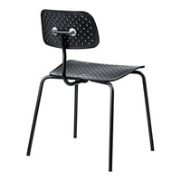 Black chair with a textured diamond pattern on the seat and backrest, set on a sleek black metal frame.