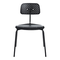 Black perforated chair with a minimalist design and sleek metal legs, perfect for modern decor.