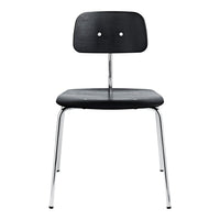 Black wooden chair with a smooth surface and chrome legs, featuring a minimalist design with a simple, classic look.
