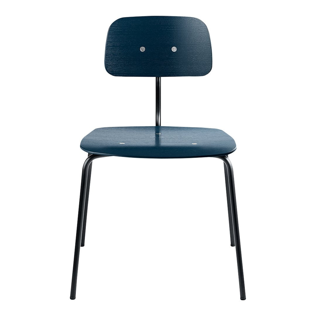 Blue wooden chair with a sleek design and black metal legs. Simple and modern aesthetic for versatile decor.
