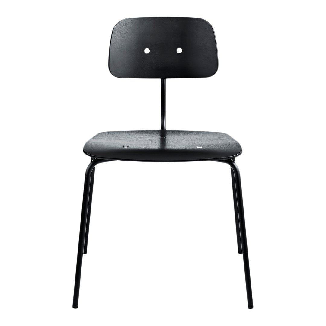 Black chair with a minimalist design, featuring a smooth finish and two circular cutouts on the backrest.