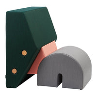 Green and gray playful furniture pieces with coral accents and geometric shapes, perfect for modern decor.