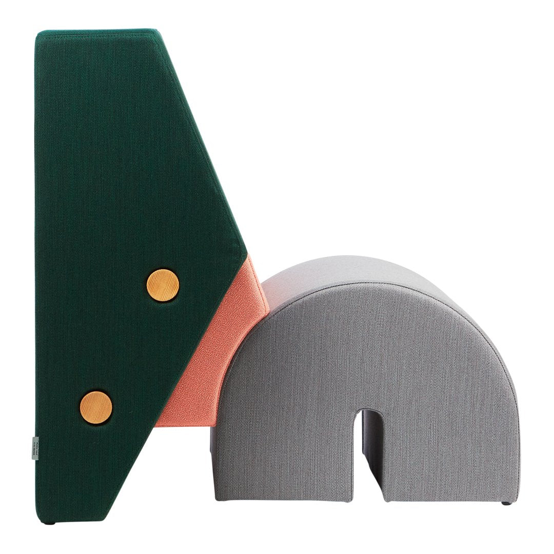 Colorful abstract design featuring green, peach, and gray patterns with gold accents. Modern decor piece.