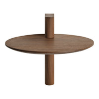 Round wooden coffee table in rich brown tones with a smooth, minimalist design. Perfect for modern decor.