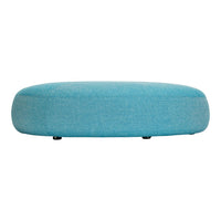 A smooth, rounded ottoman in a vibrant light blue fabric, perfect for modern decor.