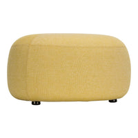 Yellow upholstered ottoman with a smooth, rounded shape and subtle texture, perfect for modern decor.