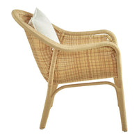 Natural rattan chair with a warm beige pattern and a contrasting white cushion. Perfect for modern decor.