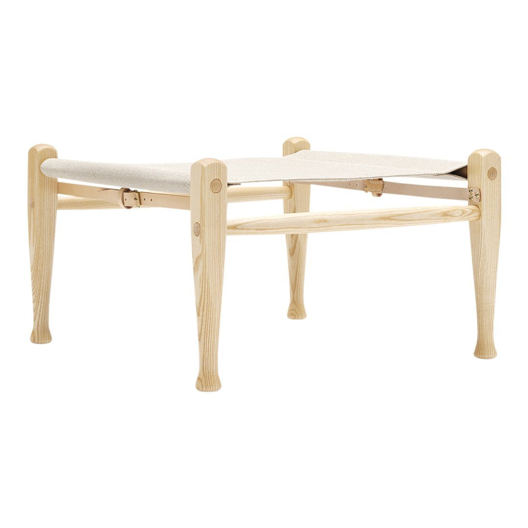 Natural wood finish with a beige fabric seat. Simple, elegant design perfect for modern decor.