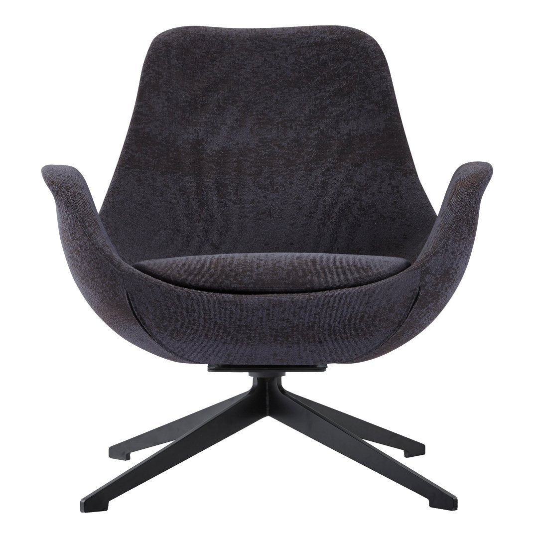 Modern dark gray upholstered chair with a smooth texture and sleek black metal base. Ideal for contemporary decor.