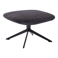Dark brown upholstered ottoman with a smooth texture and sleek black metal legs, featuring a minimalist design.