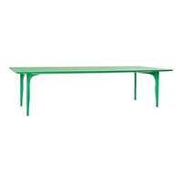 Green rectangular table with sleek legs, featuring a modern solid green finish and smooth surface.