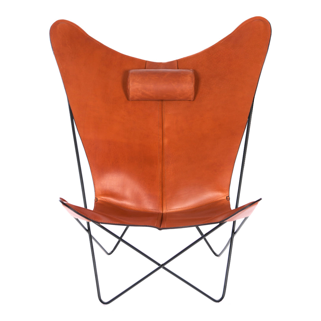 Brown leather butterfly chair with a sleek black metal frame, featuring a smooth, minimalist design.