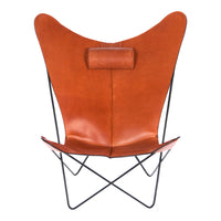 Brown leather butterfly chair with a sleek black metal frame, featuring a smooth, minimalist design.