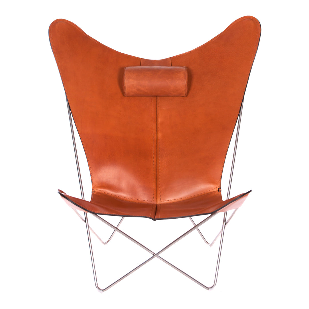 Orange leather butterfly chair with a sleek design and chrome legs, featuring a smooth texture and minimalist style.