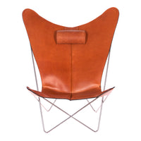 Orange leather butterfly chair with a sleek design and chrome legs, featuring a smooth texture and minimalist style.