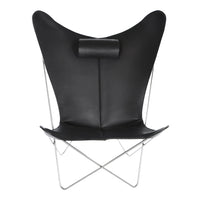 Black leather butterfly chair with a minimalist design and sleek silver frame, perfect for modern decor.