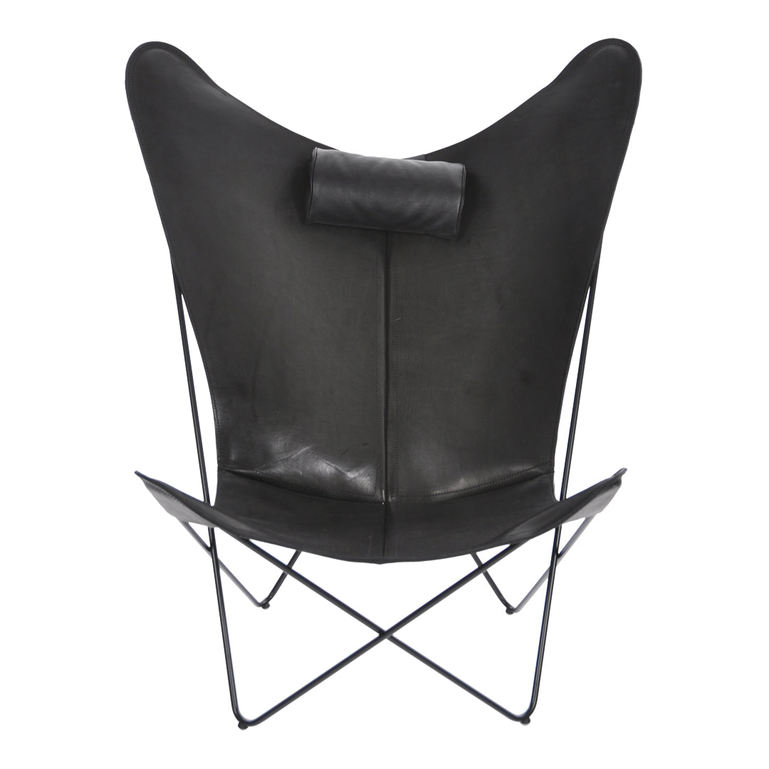 Black leather butterfly chair with a sleek, minimalist design and unique winged silhouette. Perfect for modern decor.
