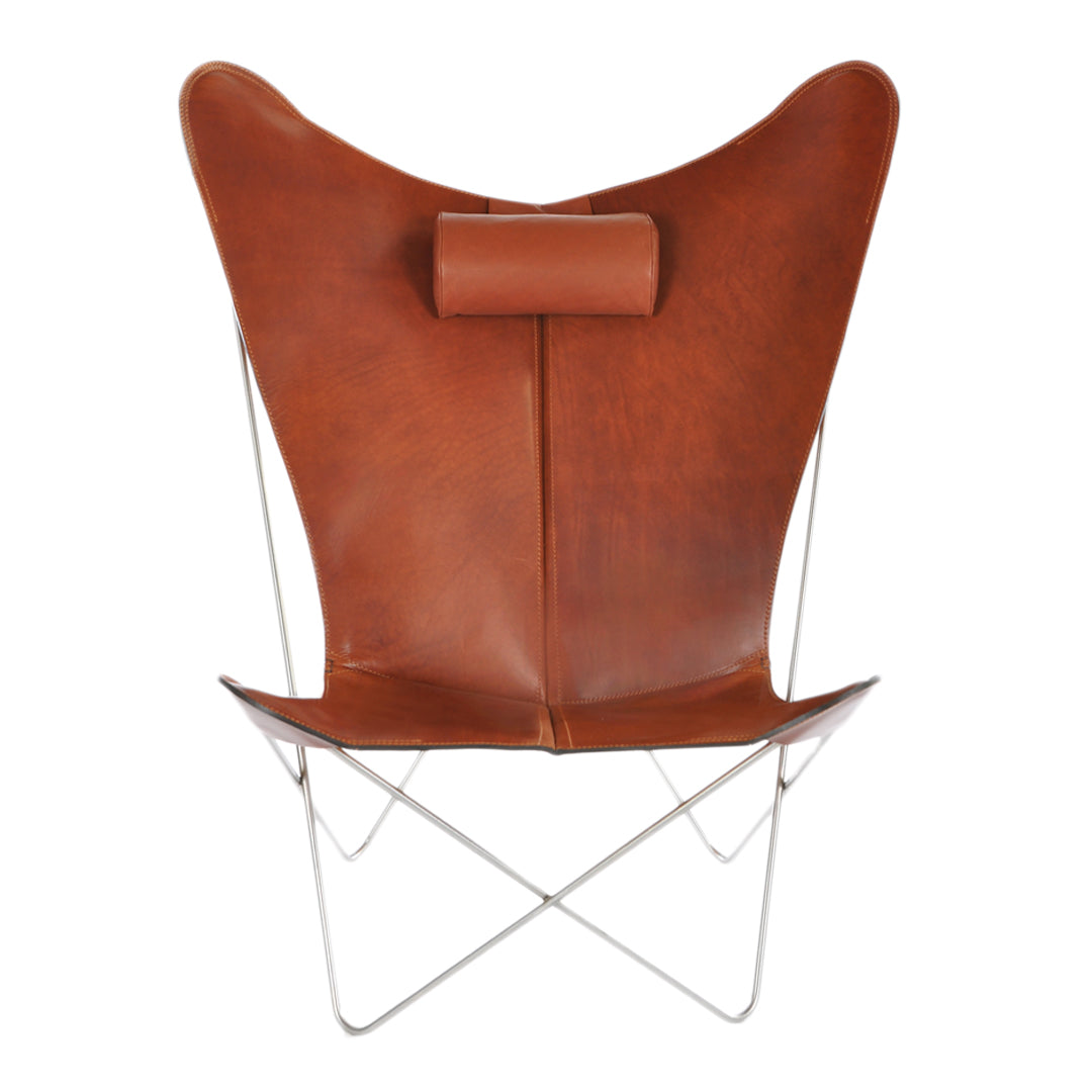 Brown leather butterfly chair with a smooth texture and minimalist silver frame, showcasing a sleek and modern design.