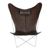 Brown leather butterfly chair with a minimalist design and sleek silver metal frame. Modern aesthetic for any space.