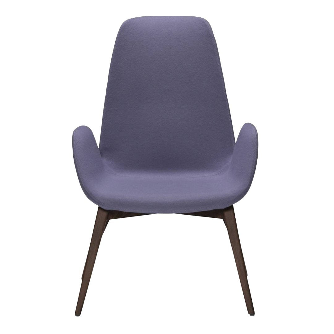 Textured lavender chair with smooth upholstery and sleek wooden legs for a modern aesthetic. Perfect for any decor.