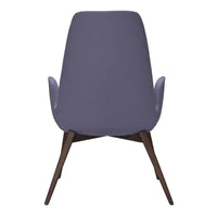 Purple upholstered chair with smooth, modern design and dark wooden legs, perfect for contemporary interiors.