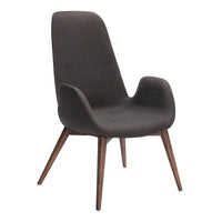 Stylish dark gray chair with smooth upholstery and wooden legs, featuring a minimalist design and elegant curves.