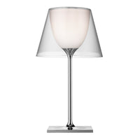 Modern lamp featuring a clear glass shade and a sleek silver base, creating a minimalist and elegant design.