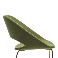 Green upholstered chair with a sleek, modern design and smooth, curved lines against a white background.