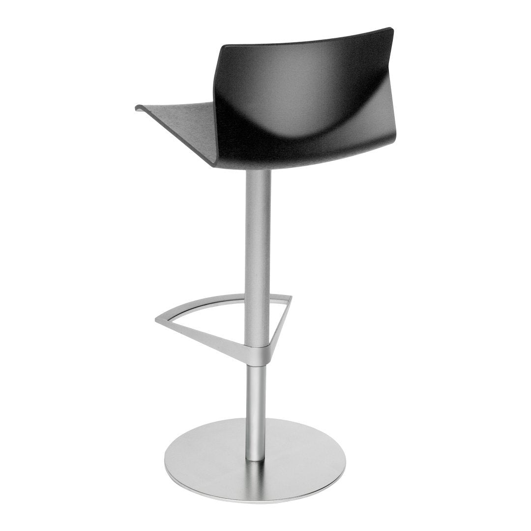 Modern black bar stool with a sleek chrome base; minimalistic design complements any contemporary decor.
