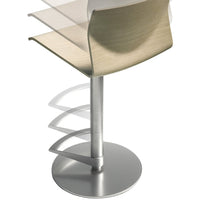 Modern bar stool with a smooth, light wood seat and sleek silver metallic base, featuring minimalist design and clean lines.