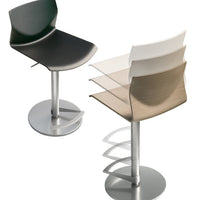 Bar stools featuring sleek black, white, and beige seats with a metallic base, showcasing modern design and versatility.